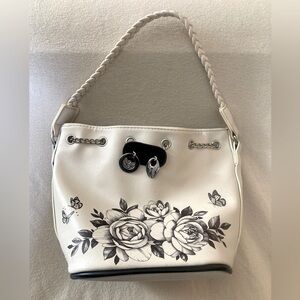 Floral Butterfly White and Black Women's Hand Bag with Crossbody Strap